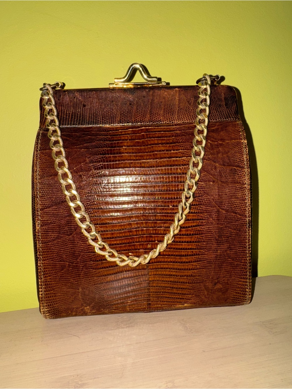 Vintage Brown Lizard-Embossed Chain Shoulder Bag by Escort